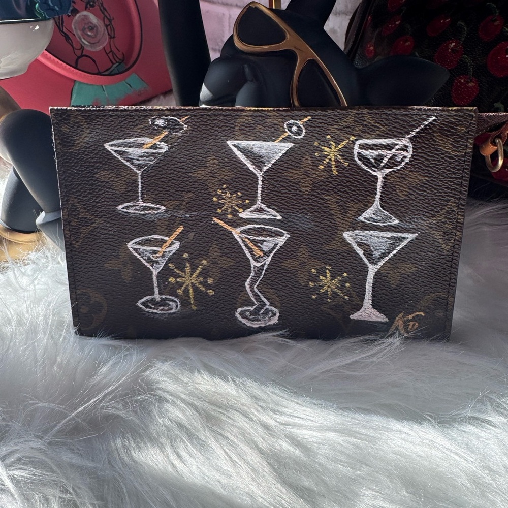 Louis Vuitton Monogram Pouch with White & Gold Hand-Painted Martini Motifs